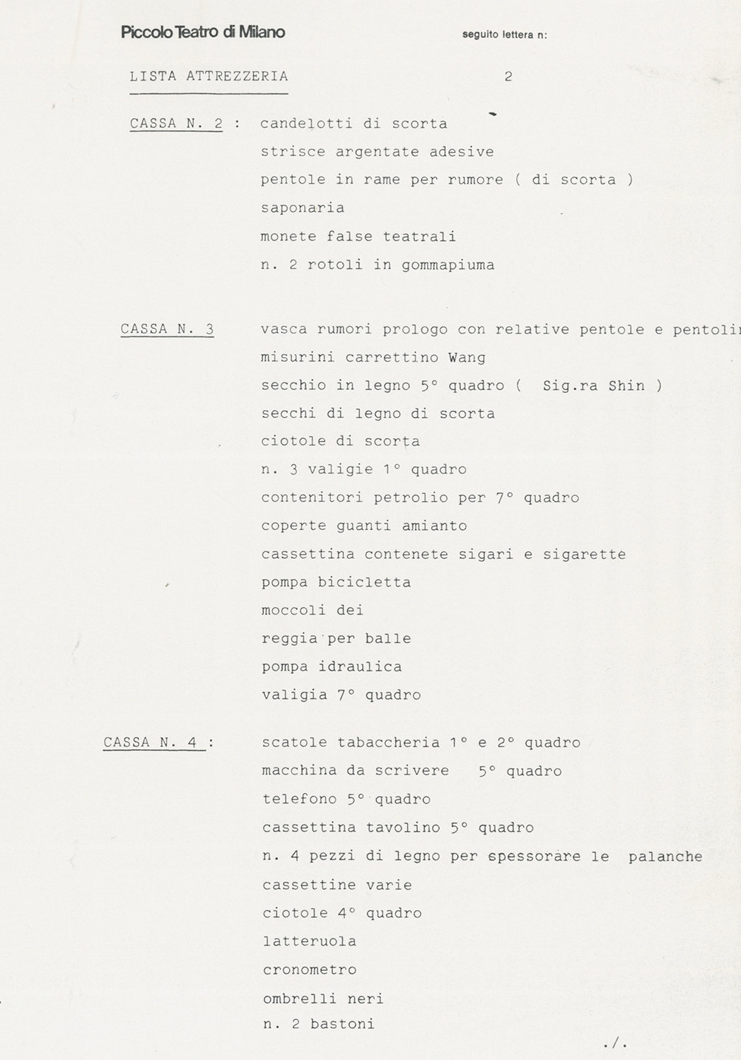 La lista degli oggetti di attrezzeria - Archivio Piccolo Teatro di Milano