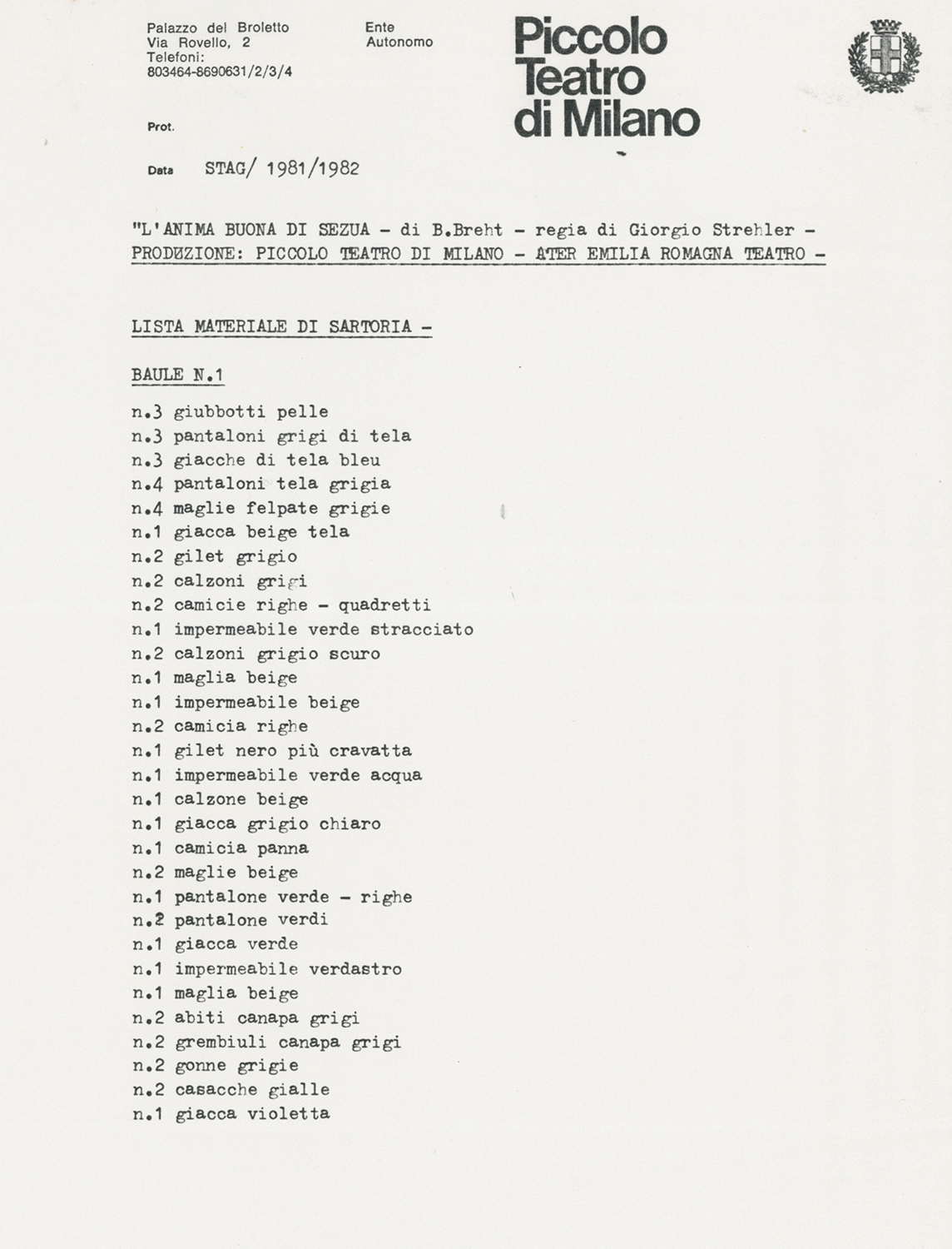 Una pagina dell’elenco dei costumi - Archivio Piccolo Teatro di Milano 
