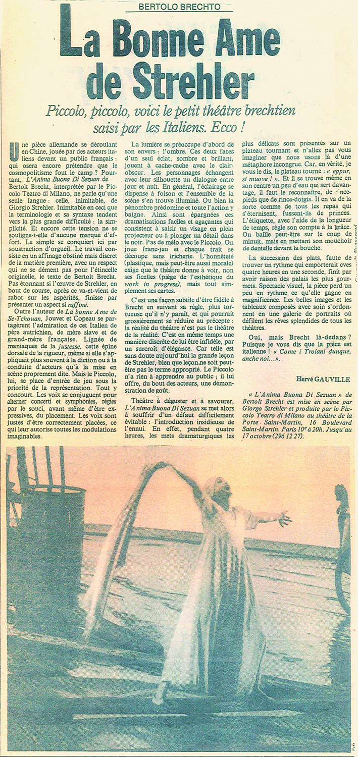 La stampa parigina celebra l’<em>Anima buona</em> di Strehler, “Libération”, 16 ottobre 1982 - Archivio Piccolo Teatro di Milano 