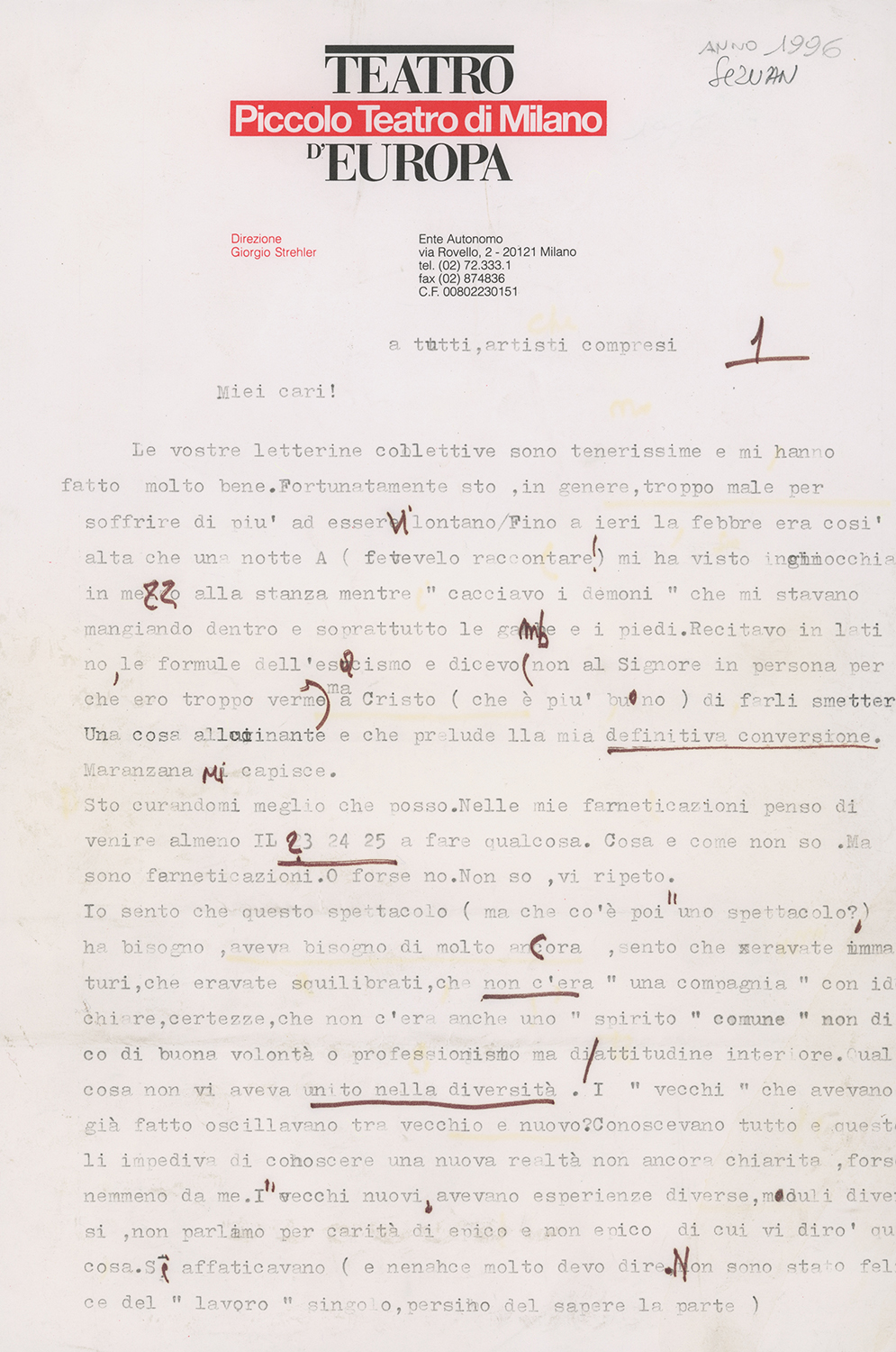 Prima pagina di una lettera di Strehler alla compagnia, nel periodo delle prove - Archivio Piccolo Teatro di Milano 