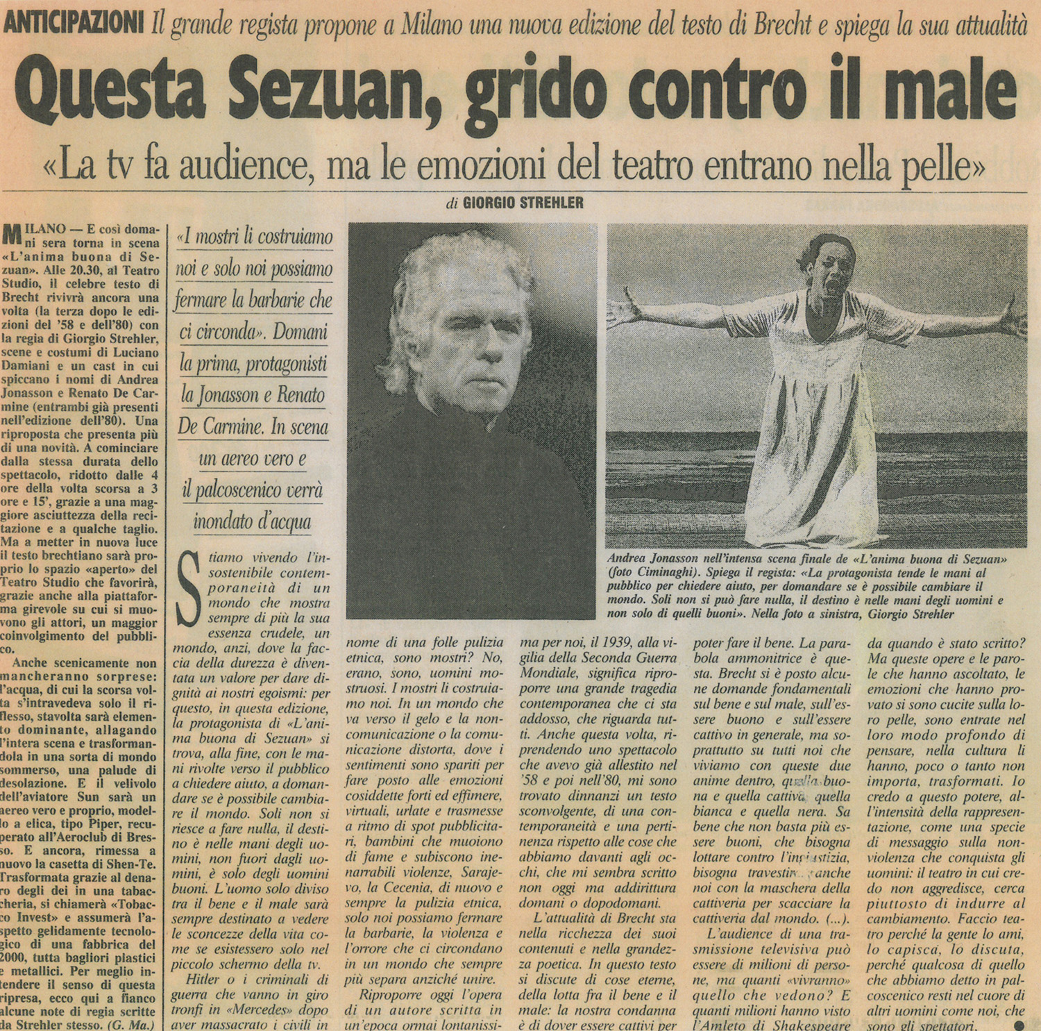 “Corriere della Sera”, 25 marzo 1996 - Archivio Piccolo Teatro di Milano 