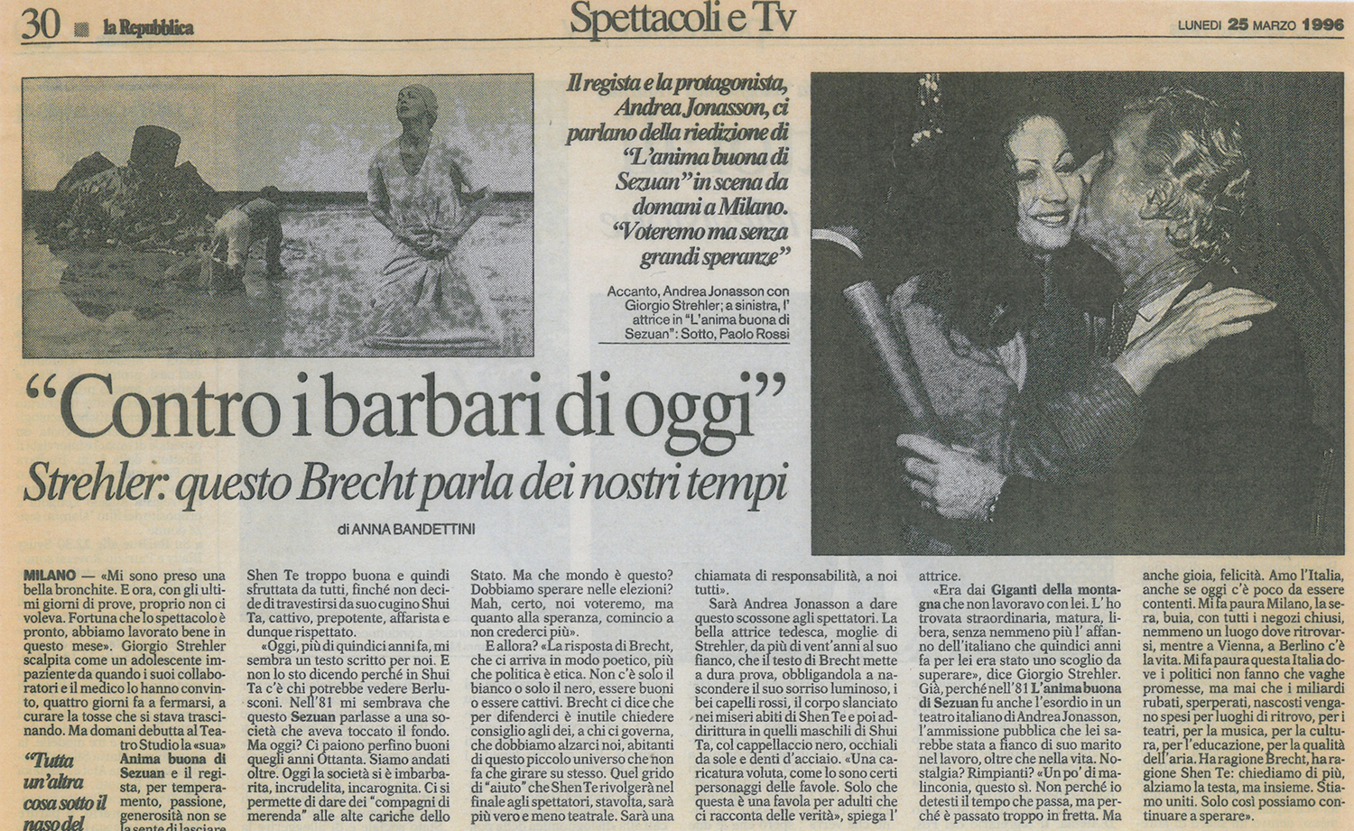 “La Repubblica”, 25 marzo 1996 - Archivio Piccolo Teatro di Milano