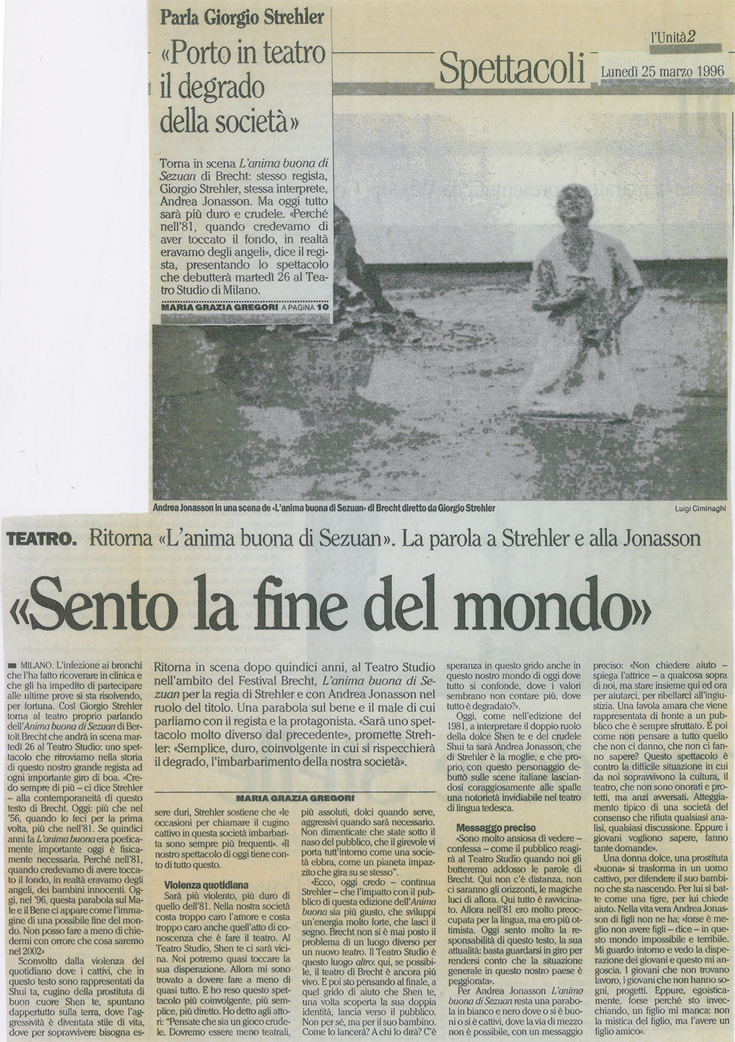 “L’Unità”, 25 marzo 1996 - Archivio Piccolo Teatro di Milano