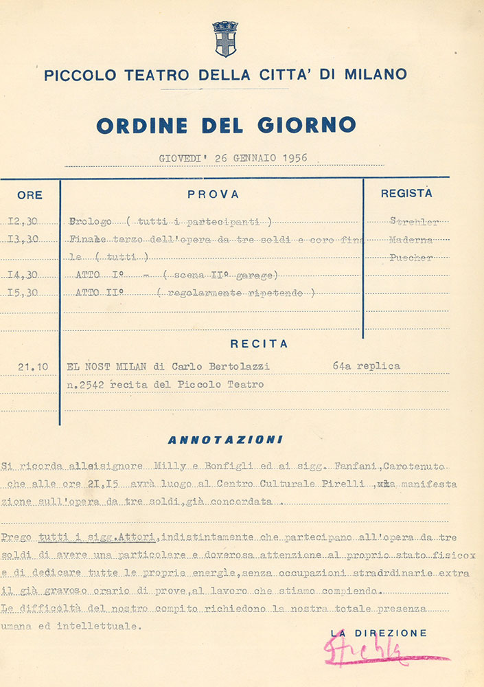 Raccomandazioni di Strehler agli attori in prova, su un Ordine del giorno - Archivio Piccolo Teatro di Milano 