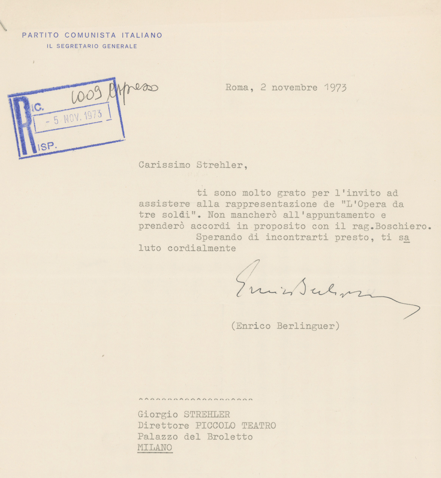 Enrico Berlinguer conferma la sua presenza a una delle repliche romane - Archivio Piccolo Teatro di Milano 
