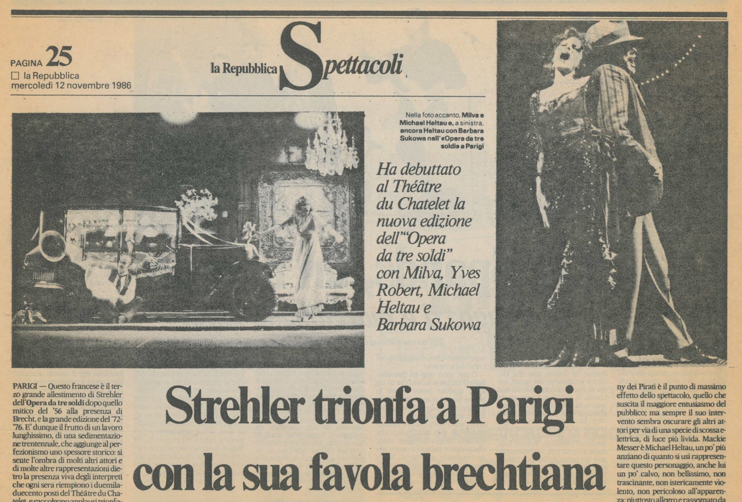 “La Repubblica”, 12 novembre 1986 - Archivio Piccolo Teatro di Milano 

 
