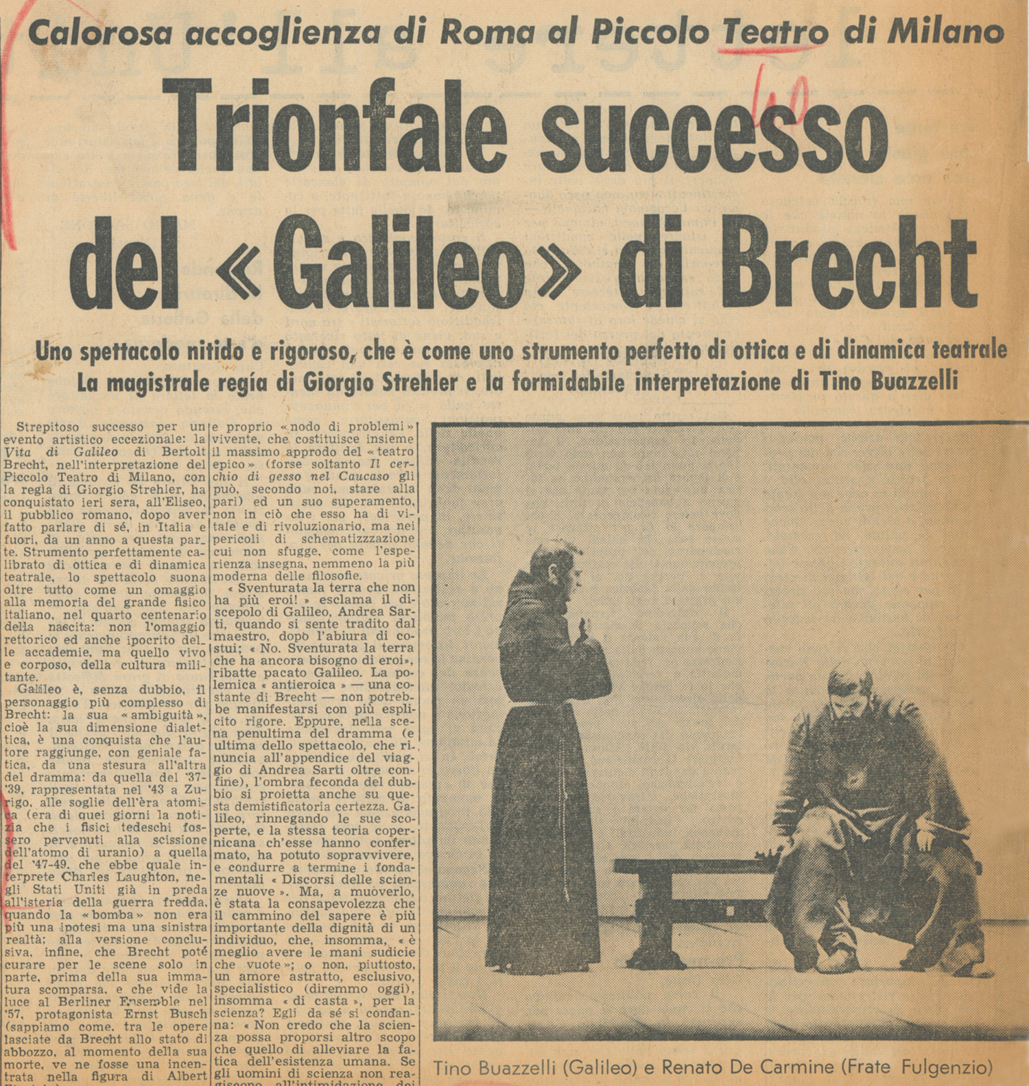 La stampa romana celebra il successo dello spettacolo - Archivio Piccolo Teatro di Milano