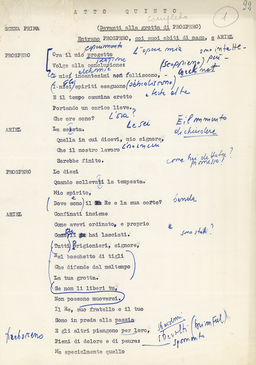 Annotazioni di Strehler su una pagina della traduzione di Agostino Lombardo - Archivio Piccolo Teatro di Milano 