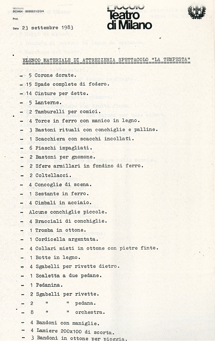 In vista della tournée, elenco dell’attrezzeria - Archivio Piccolo Teatro di Milano 