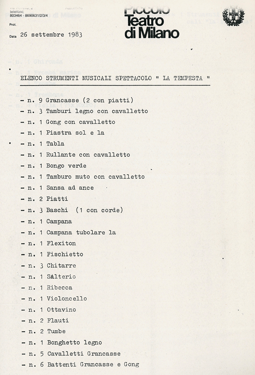 Una pagina della lista con gli strumenti musicali utilizzati nello spettacolo - Archivio Piccolo Teatro di Milano