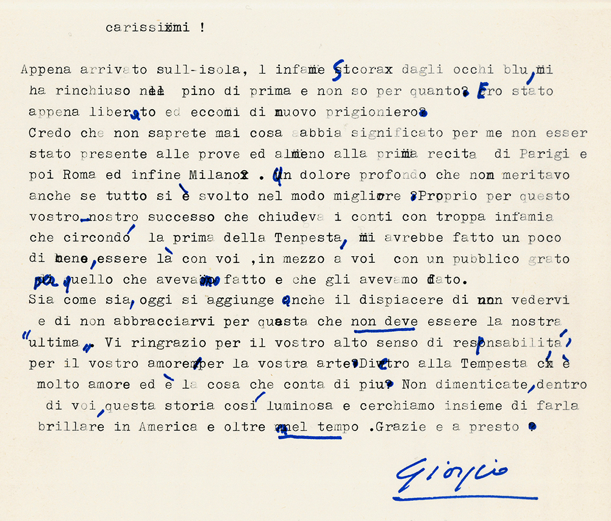 19 febbraio 1984: Strehler scrive alla compagnia prima della tournée americana - Archivio Piccolo Teatro di Milano 