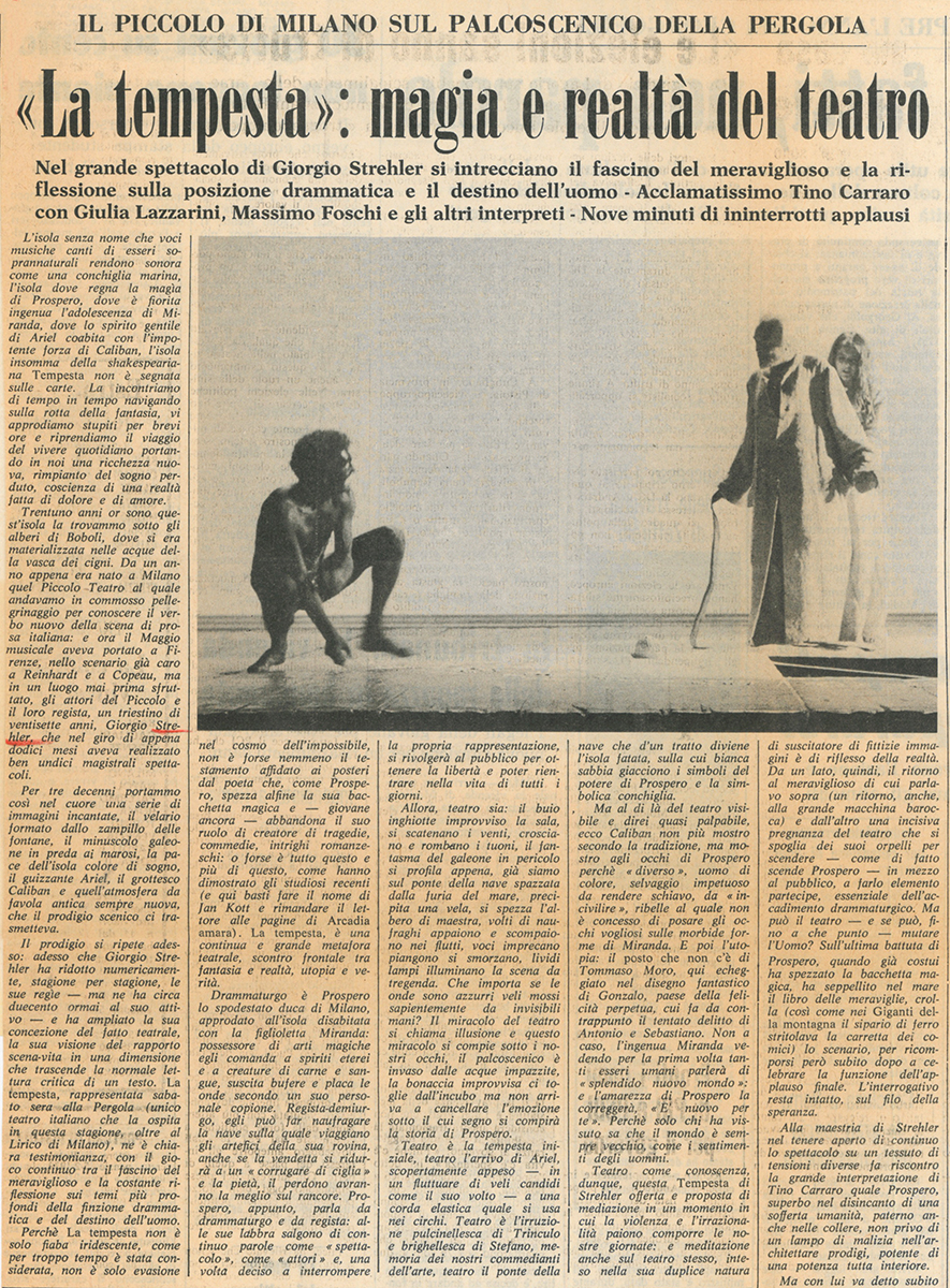 “La Nazione“, 19 marzo 1979: <em>La Tempesta</em> approda a Firenze - Archivio Piccolo Teatro di Milano