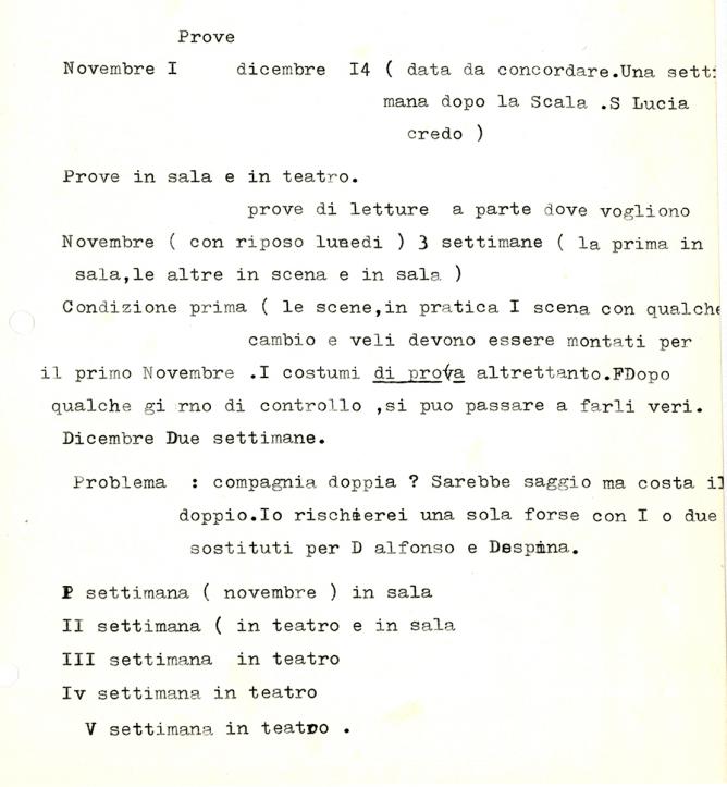 Un appunto dattiloscritto di Strehler con il piano delle prove - Archivio Piccolo Teatro di Milano