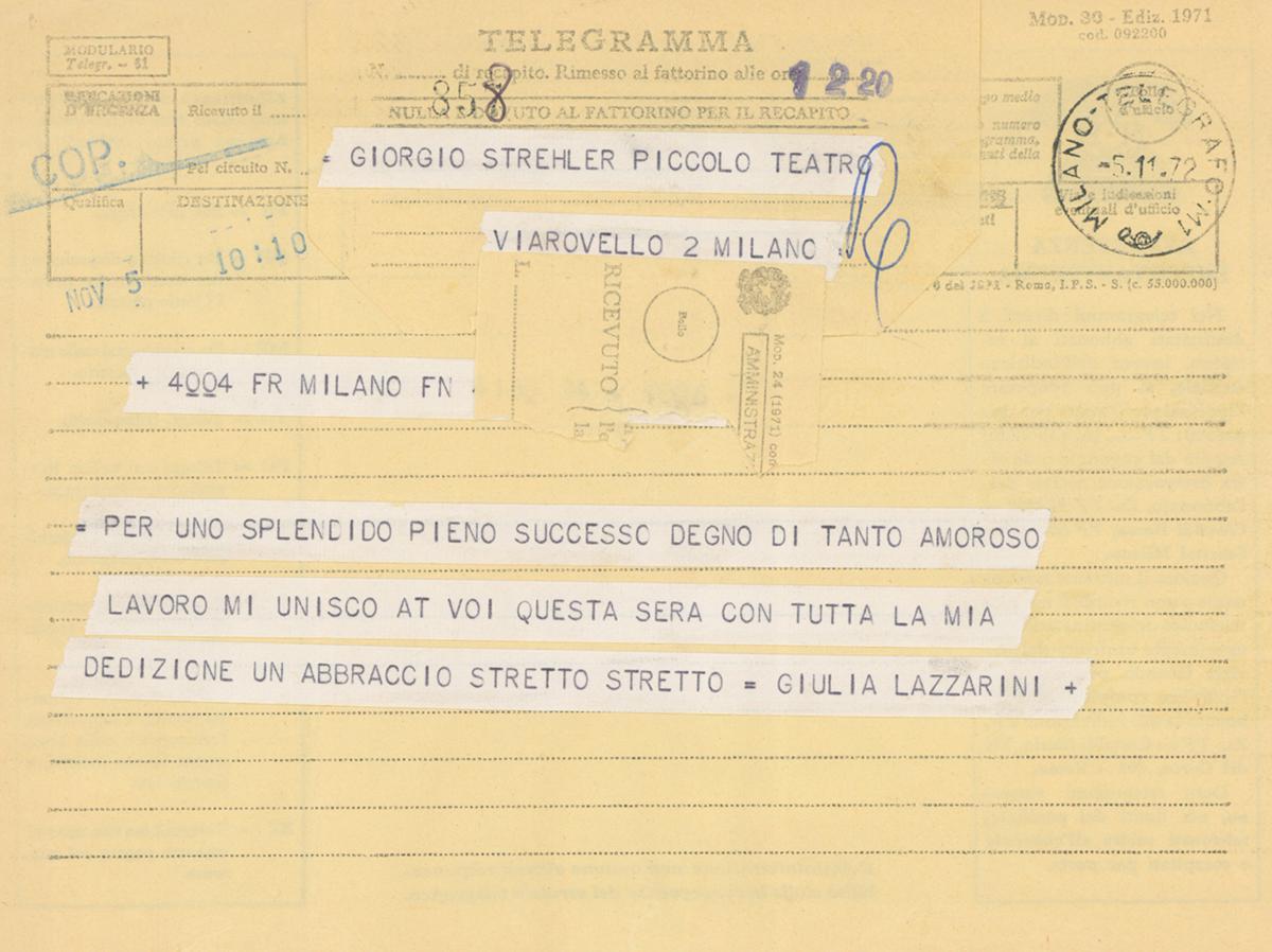03. Il telegramma affettuoso di Giulia Lazzarini in vista del debutto - Archivio Piccolo Teatro di Milano