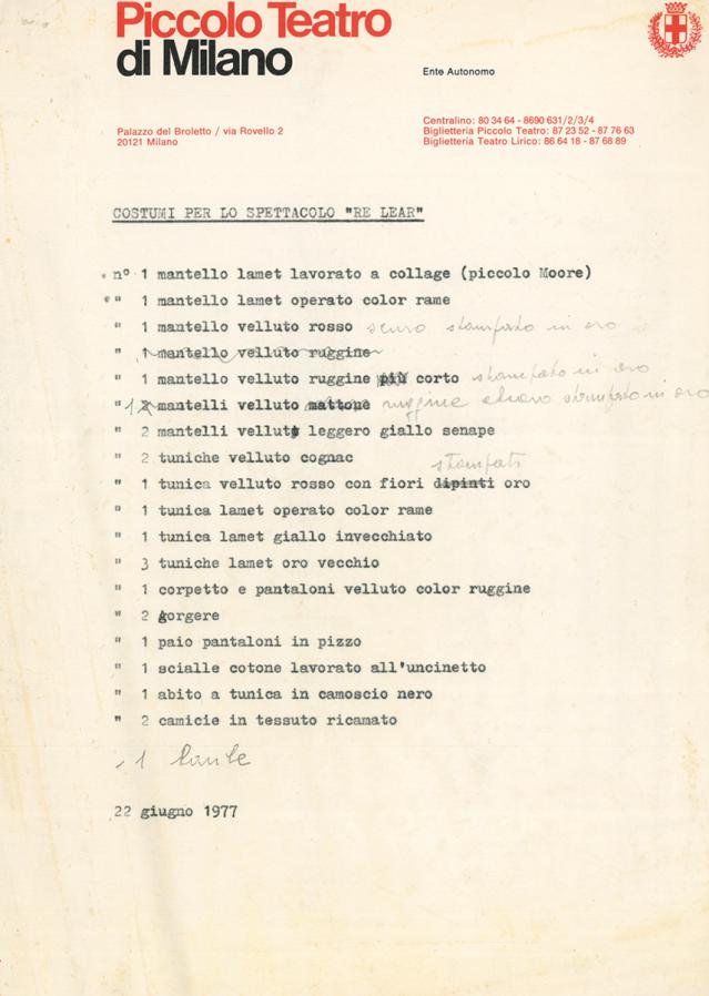 07. In partenza per la tournée, un elenco dei costumi - Archivio Piccolo Teatro di Milano