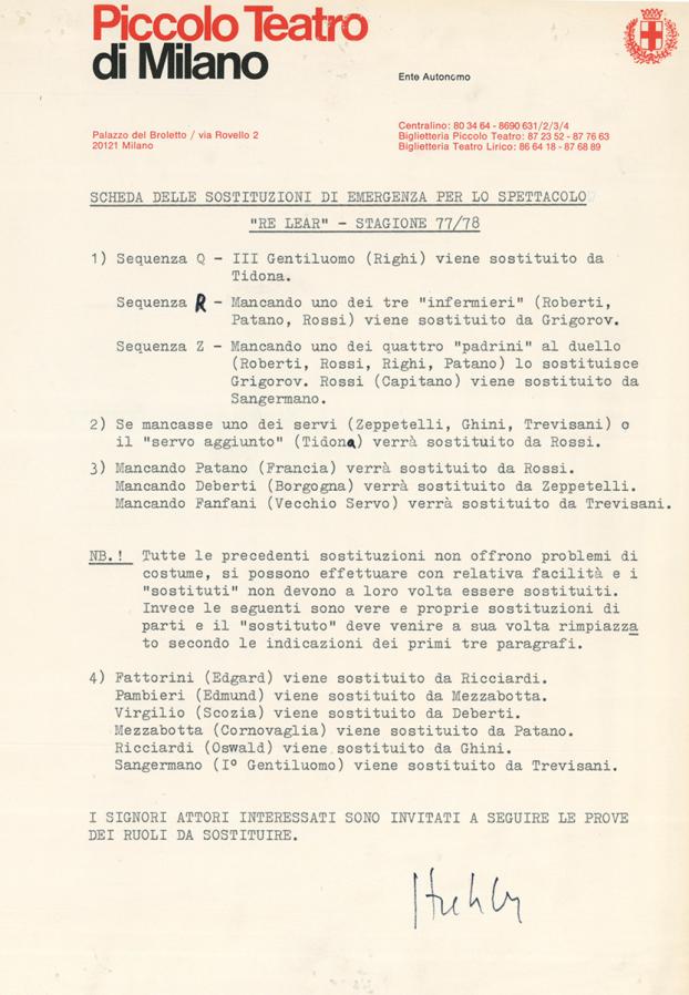 08. Schema delle sostituzioni d’emergenza per la stagione 1977/78 - Archivio Piccolo Teatro di Milano