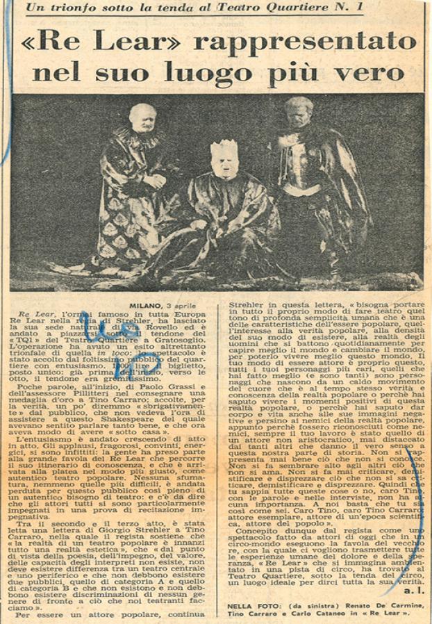 “L’Unità “, 4 aprile 1973: lo spettacolo sotto il tendone del Teatro Quartiere Gratosoglio - Archivio Piccolo Teatro di Milano