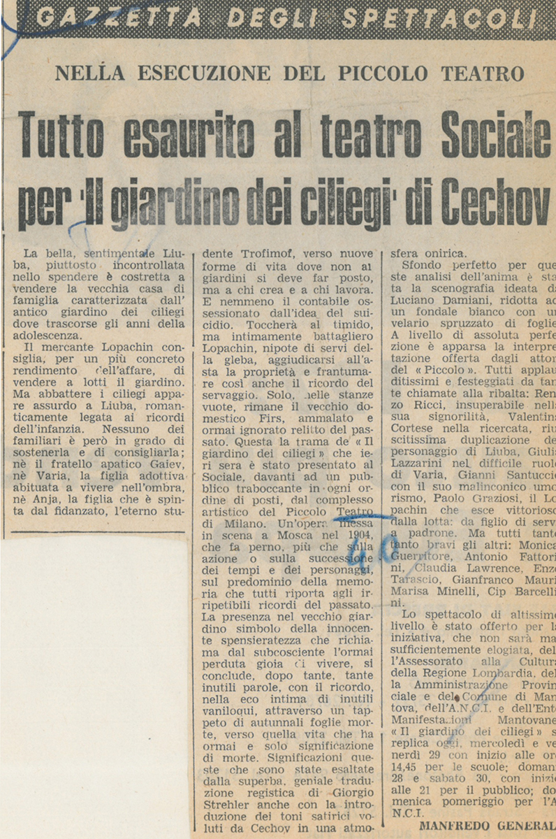  Ottobre 1976: repliche tutte esaurite al Sociale di Mantova - Archivio Piccolo Teatro di Milano