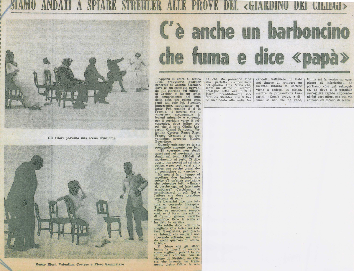 “La Notte”, 12 aprile 1974: i giornali seguono con trepidazione le prove dello spettacolo – Archivio Piccolo Teatro di Milano