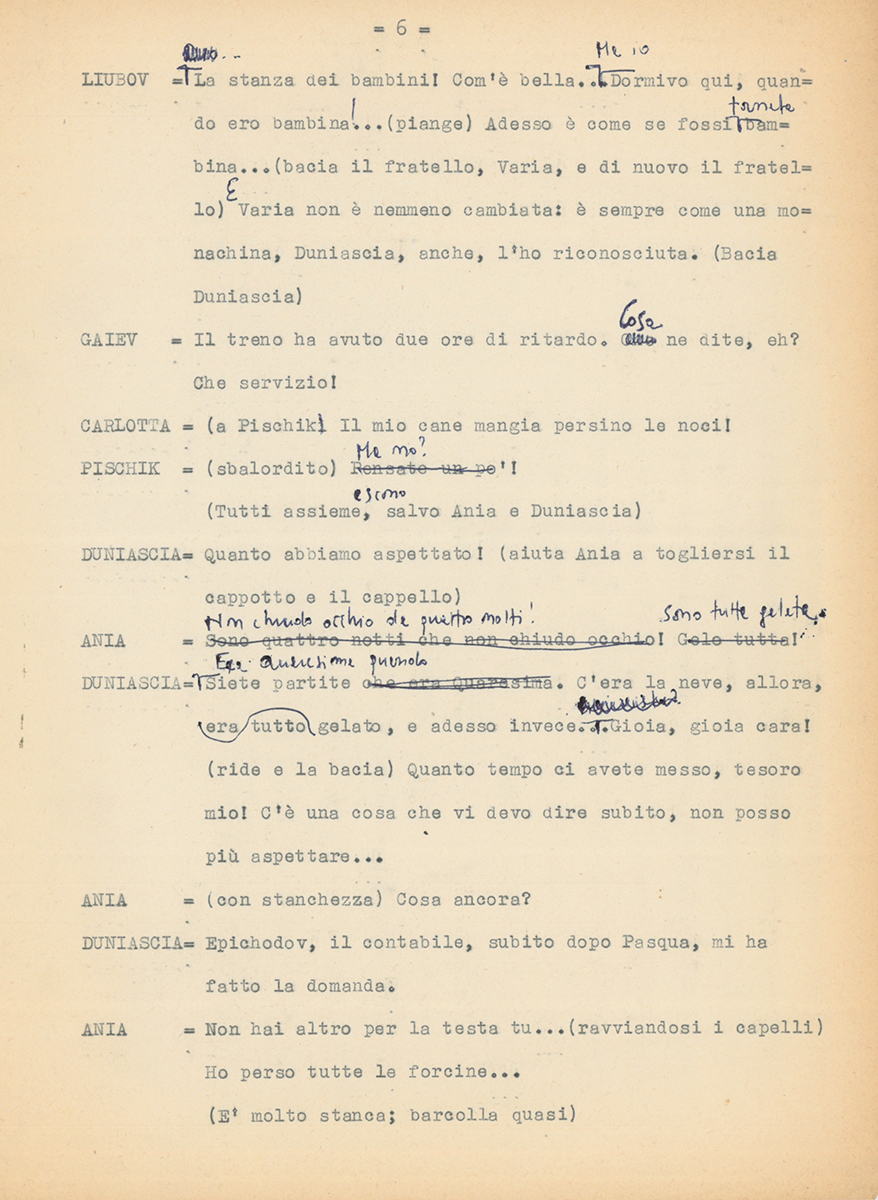 Pagina del copione con l’entrata in scena di Ljuba – Archivio Piccolo Teatro di Milano