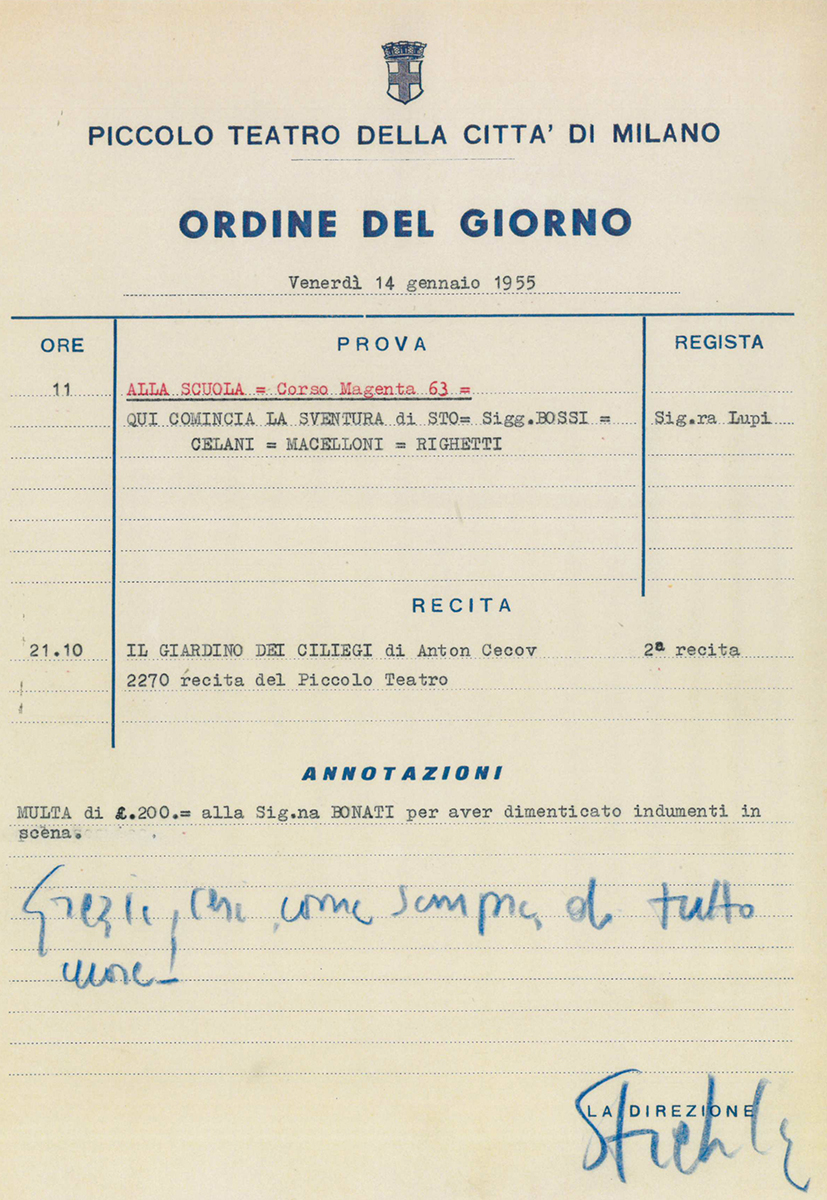 Dopo la prima, i ringraziamenti del regista alla compagnia – Archivio Piccolo Teatro di Milano